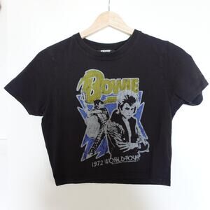David Bowie Shirt Womens Medium Black 1972 World Tour Graphic Crop Tee Y2K Top